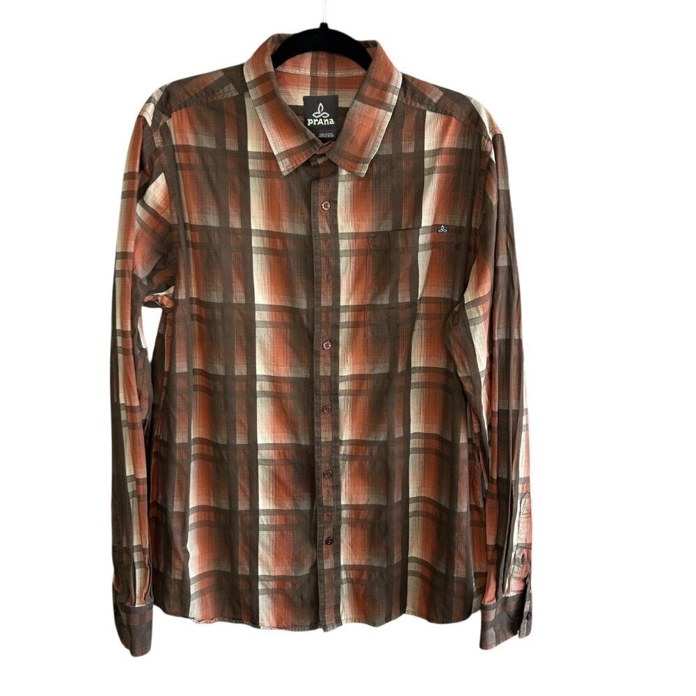 PrAna Men’s Brown Plaid 100% Cotton Long Sleeve Button Front Shirt Size Large